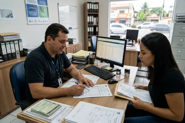 Despachante ajudando um cliente na regularização de débitos de veículo.